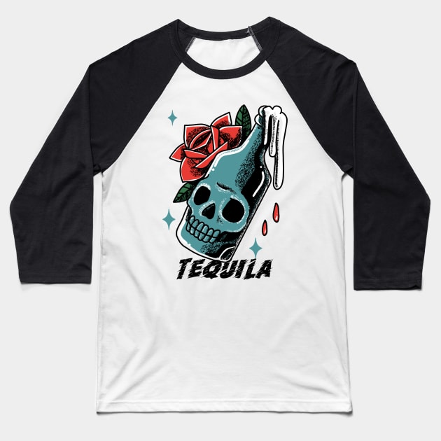 Colourful Tequila and Rose Tattoo Artwork Baseball T-Shirt by New East 